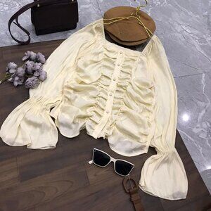Cream Ruffle Button Down Blouse Flare Sleeve Romantic Top